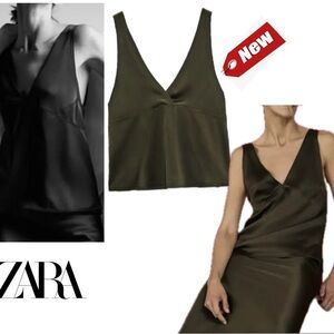 Zara khaki olive green satin effect V-neck sleeveless camisole tank top Sz L NWT
